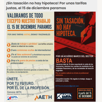 Lee más sobre el artículo Paro de actividad TASADORES HIPOTECARIOS, del 15 al 19 de diciembre 2025